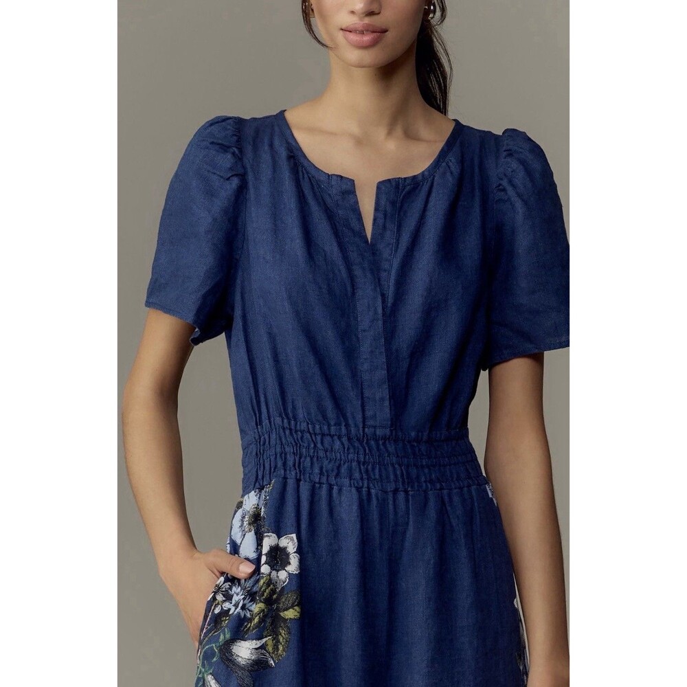 Anthropologie Jumpsuit Somerset Linen Blue Floral Retro Boho Preppy Medium NWT - Picture 7 of 14